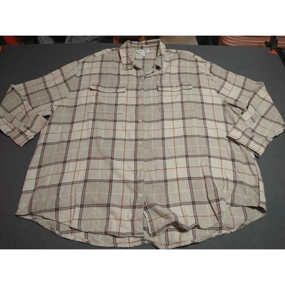 Old Navy Flannel Shirt Ladies XXL Cream Plaid Boyfriend‎ Classic Outdoors Farmer